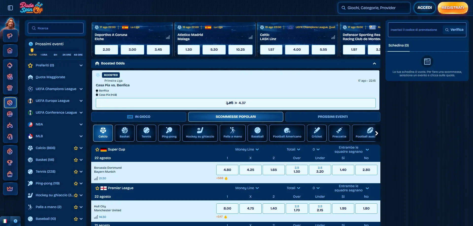 Scommesse sportive su Dudespin Casino — calcio, basket, tennis e altro
